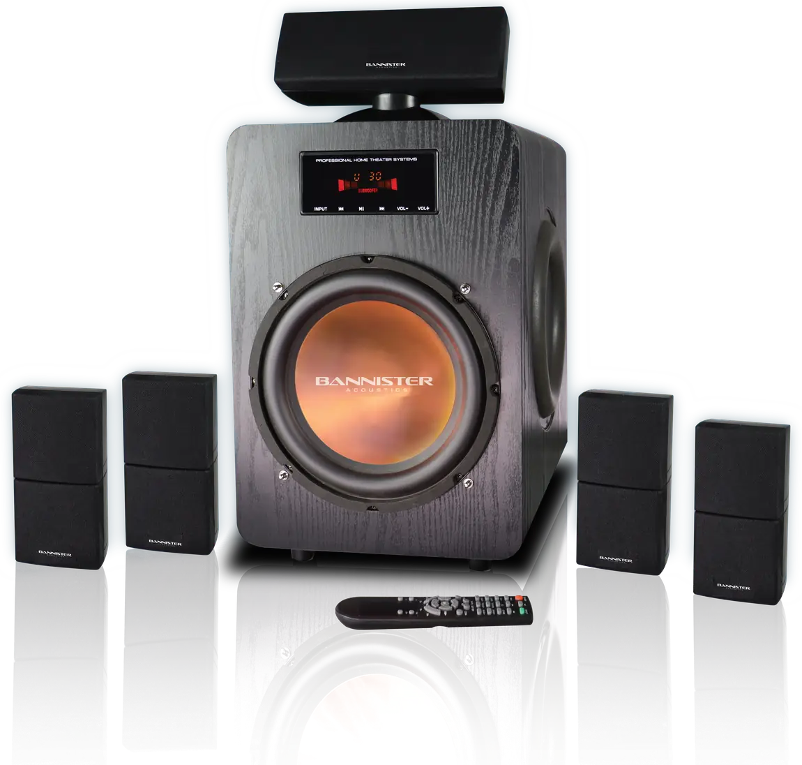 Bannister Acoustics 8800 Elite Series complete 7.1 home theater system Bannister Acoustics 8800 Elite Series 7.1 home theater system - subwoofer with integrated receiver, center channel, four satellite speakers and remote control