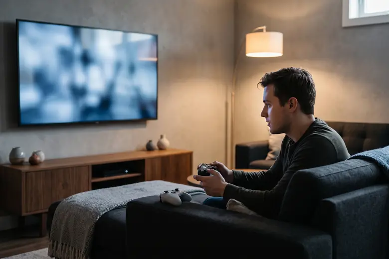 Bannister 8800 Elite Series - gaming Console gaming on a large screen with surround speakers placed behind the seating position