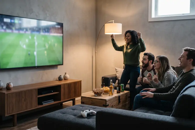 Bannister 8800 Elite Series - sport and live music Friends watching a football match at home with the Bannister 8800 Elite Series surround system